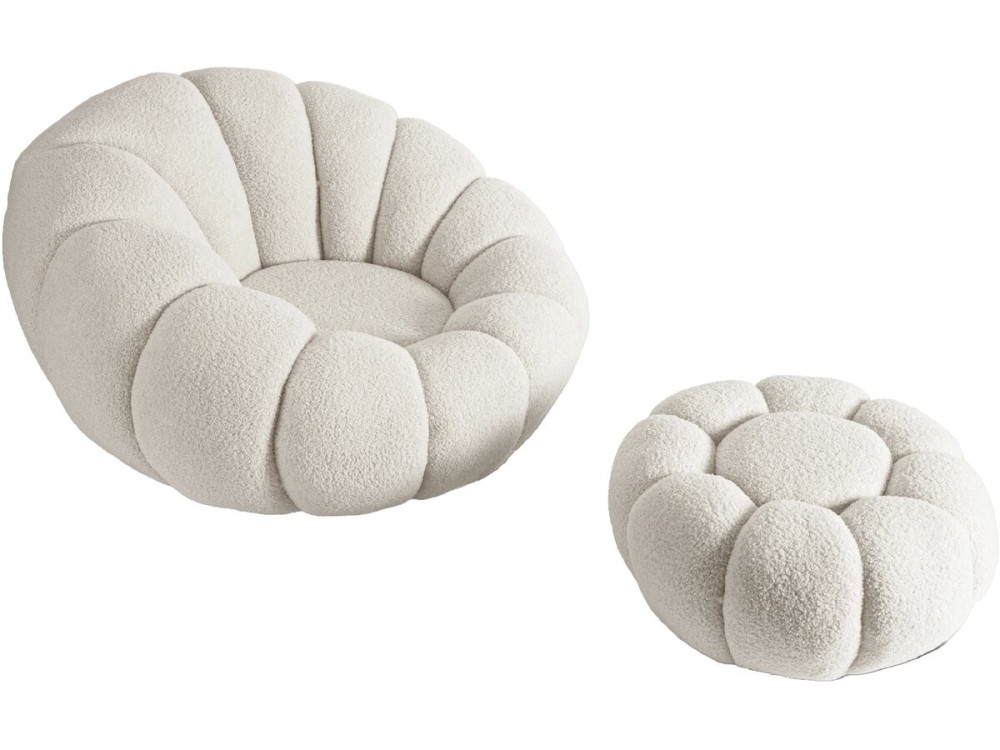 Poltrona a bolle "Élysée" con pouf in tessuto bouclette - Crema