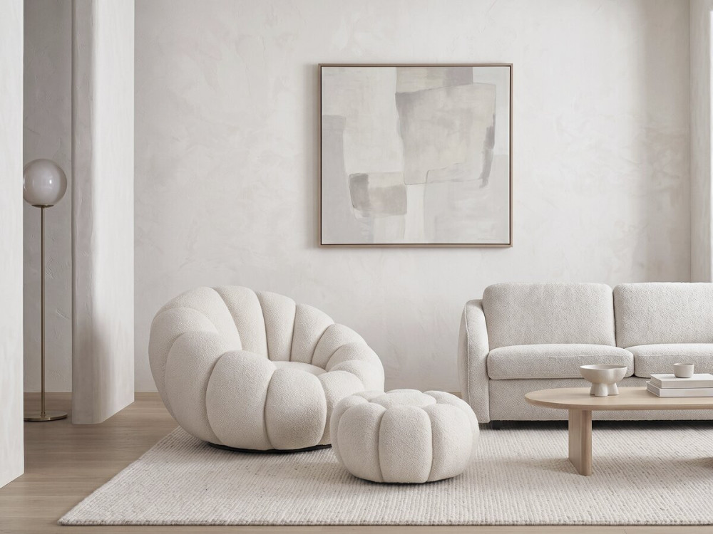 Poltrona a bolle "Élysée" con pouf in tessuto bouclette - Crema