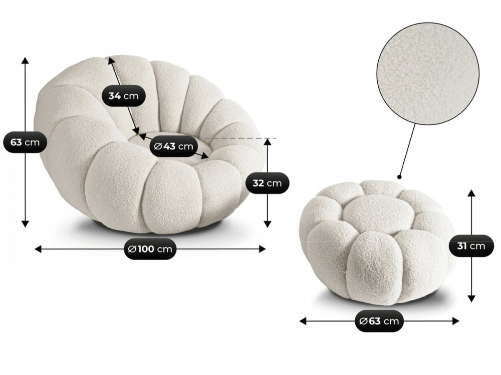 Poltrona a bolle "Élysée" con pouf in tessuto bouclette - Crema