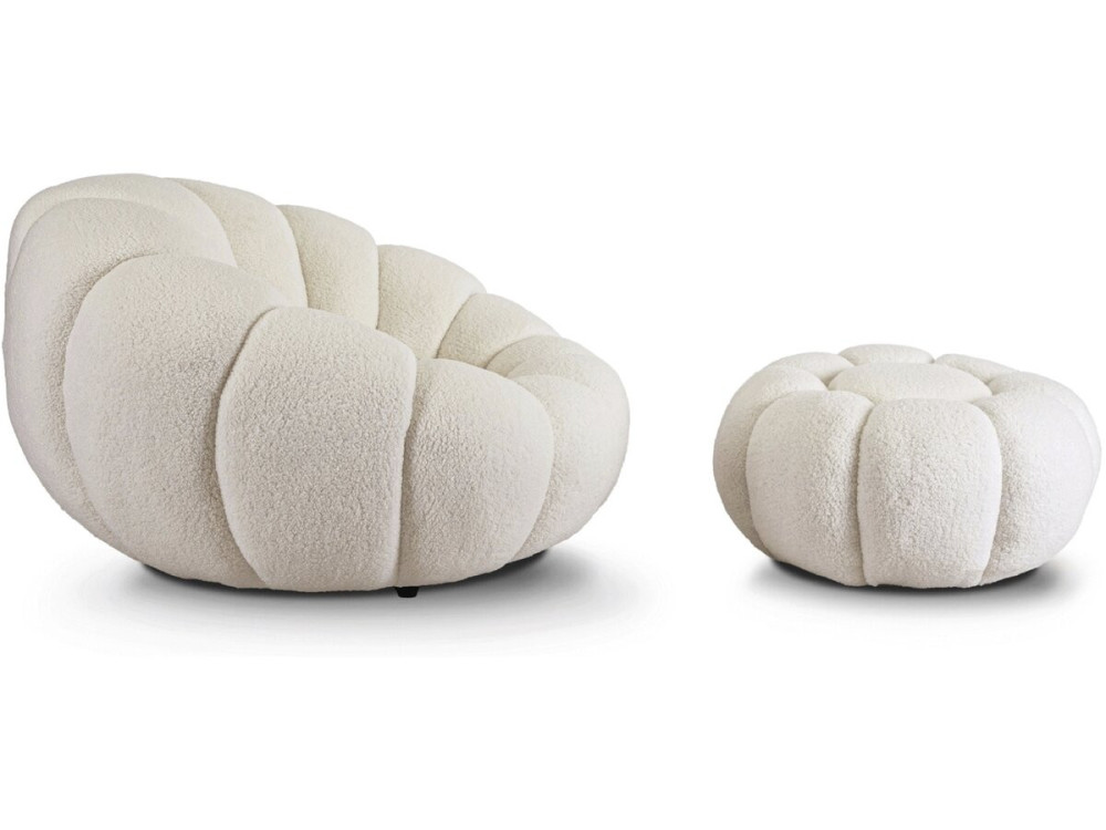 Poltrona a bolle "Élysée" con pouf in tessuto bouclette - Crema
