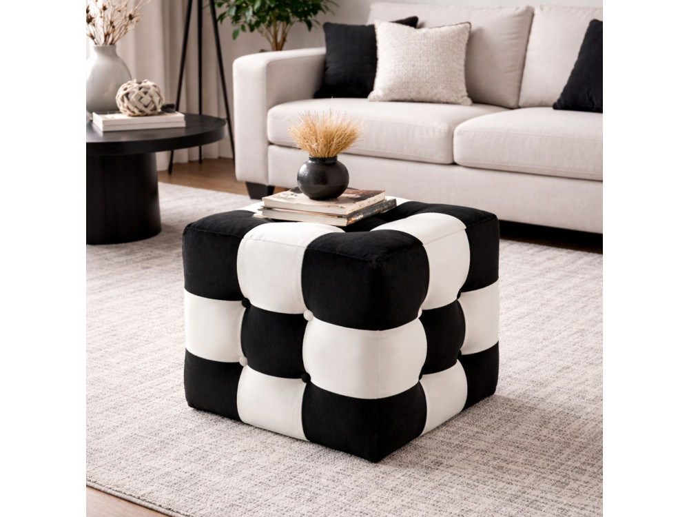 Pouf in velluto "Patchwork" - 42 x 42 x 42 cm - Nero / Bianco