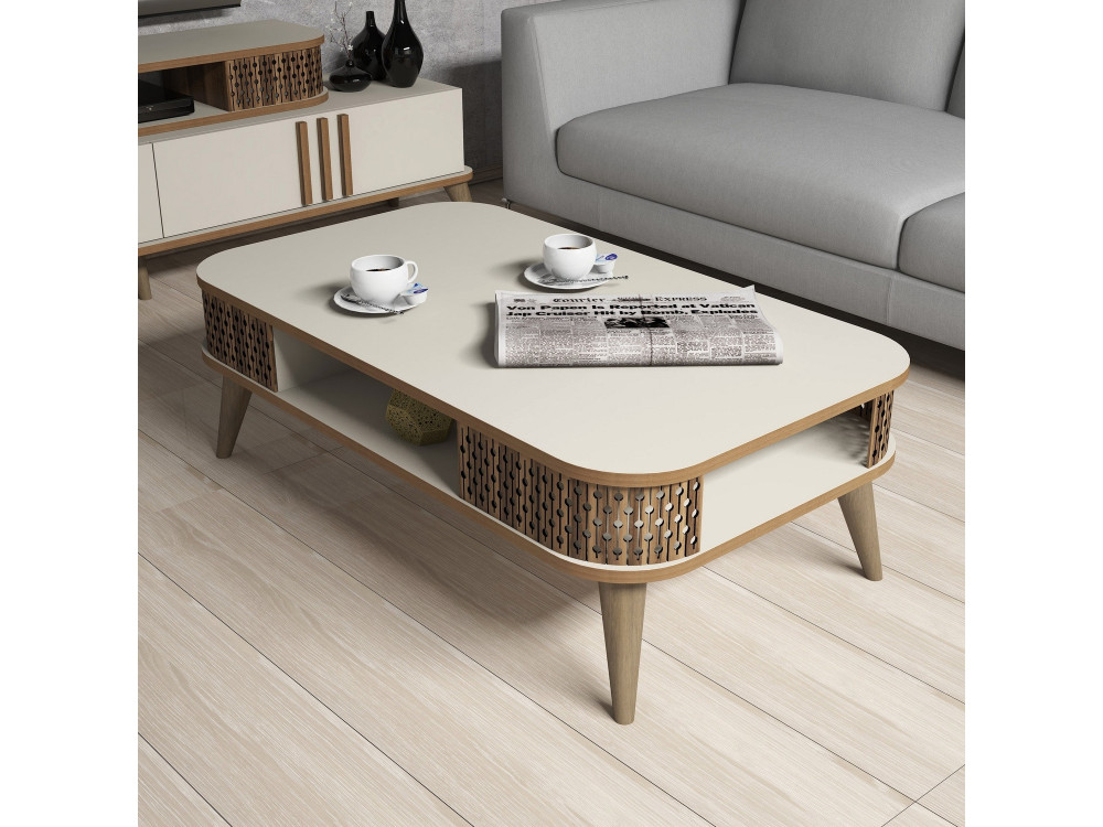 Tavolino da caffè in legno "Eylül" - 105 x 60 x 34 cm - Crema