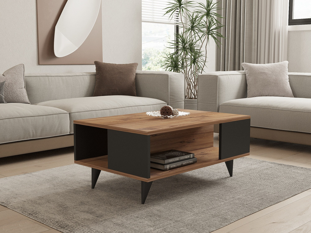 Tavolino in legno "Yuka" - 90 x 60 x 39 cm - Noce, Nero