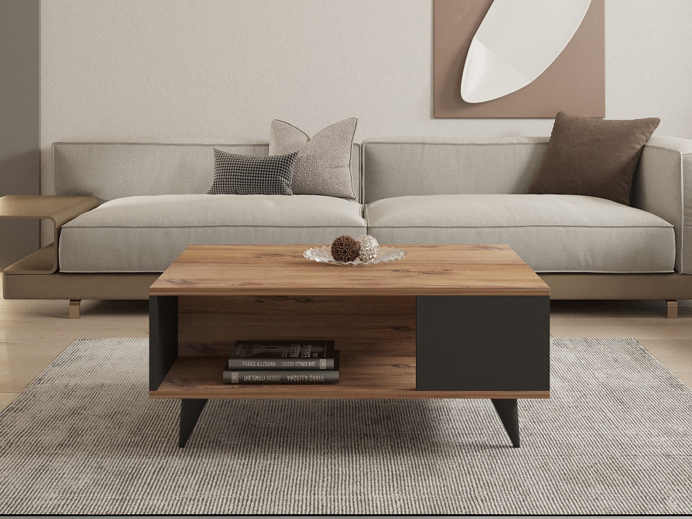 Tavolino in legno "Yuka" - 90 x 60 x 39 cm - Noce, Nero