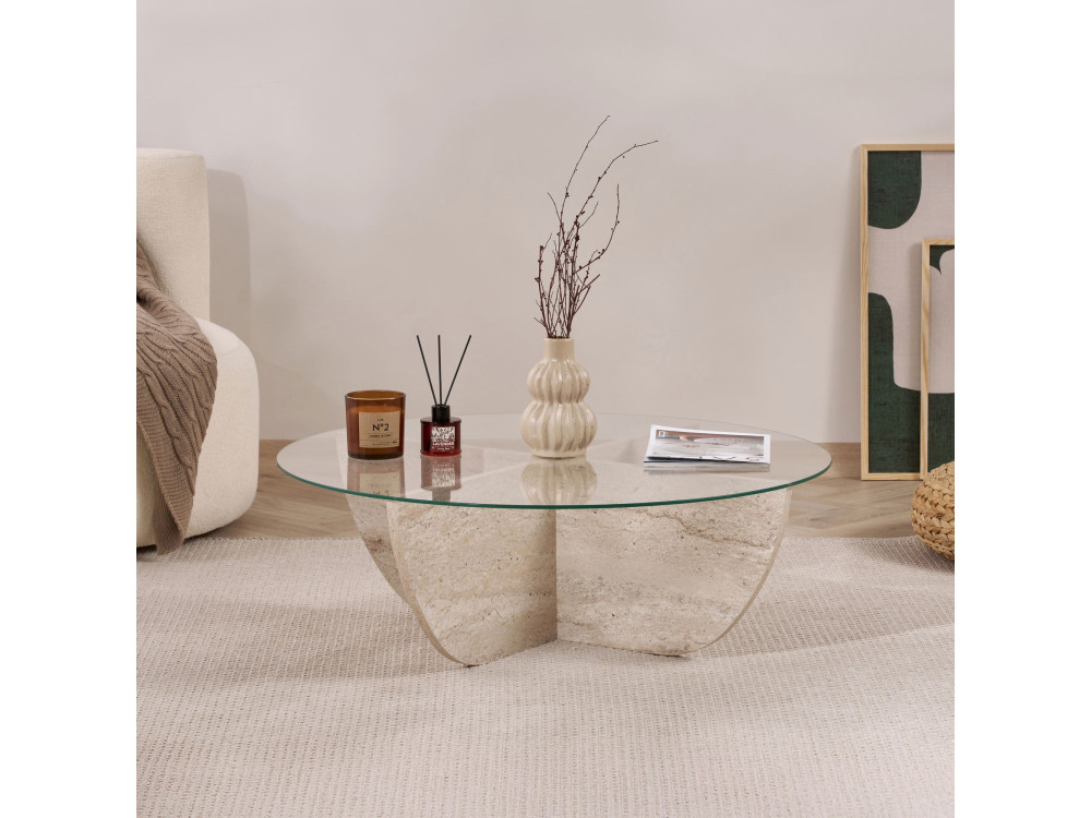 Tavolino in vetro "Liya" 90 x 90 x 30 cm - Travertino
