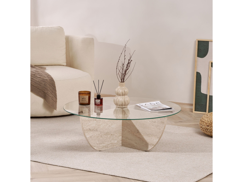 Tavolino in vetro "Liya" 90 x 90 x 30 cm - Travertino
