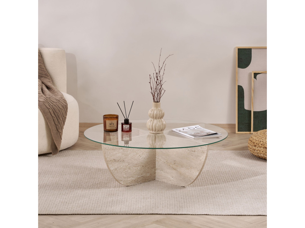 Tavolino in vetro "Liya" 90 x 90 x 30 cm - Travertino