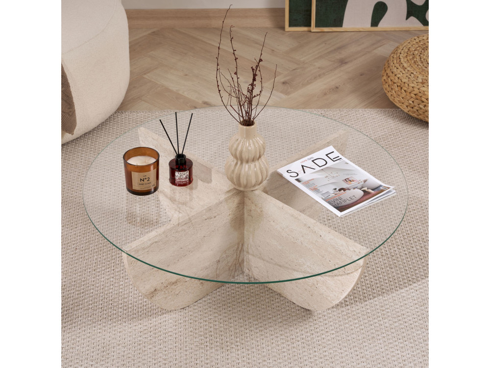 Tavolino in vetro "Liya" 90 x 90 x 30 cm - Travertino