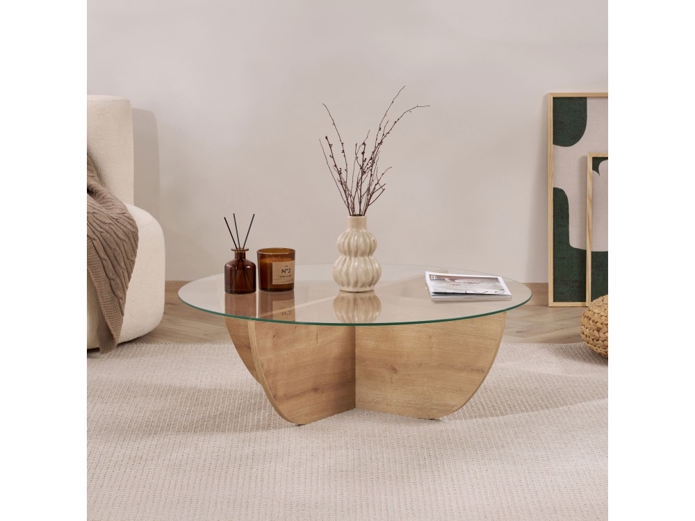 Tavolino in vetro "Liya" 90 x 90 x 30 cm - Rovere zaffiro
