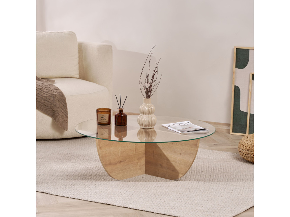 Tavolino in vetro "Liya" 90 x 90 x 30 cm - Rovere zaffiro