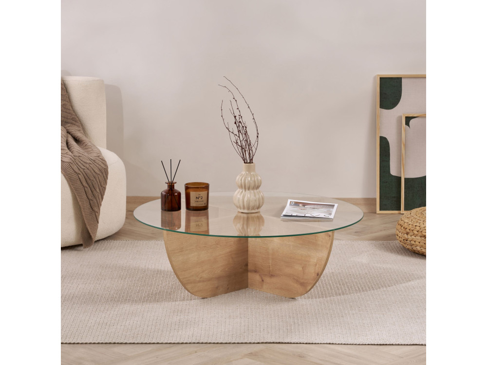Tavolino in vetro "Liya" 90 x 90 x 30 cm - Rovere zaffiro