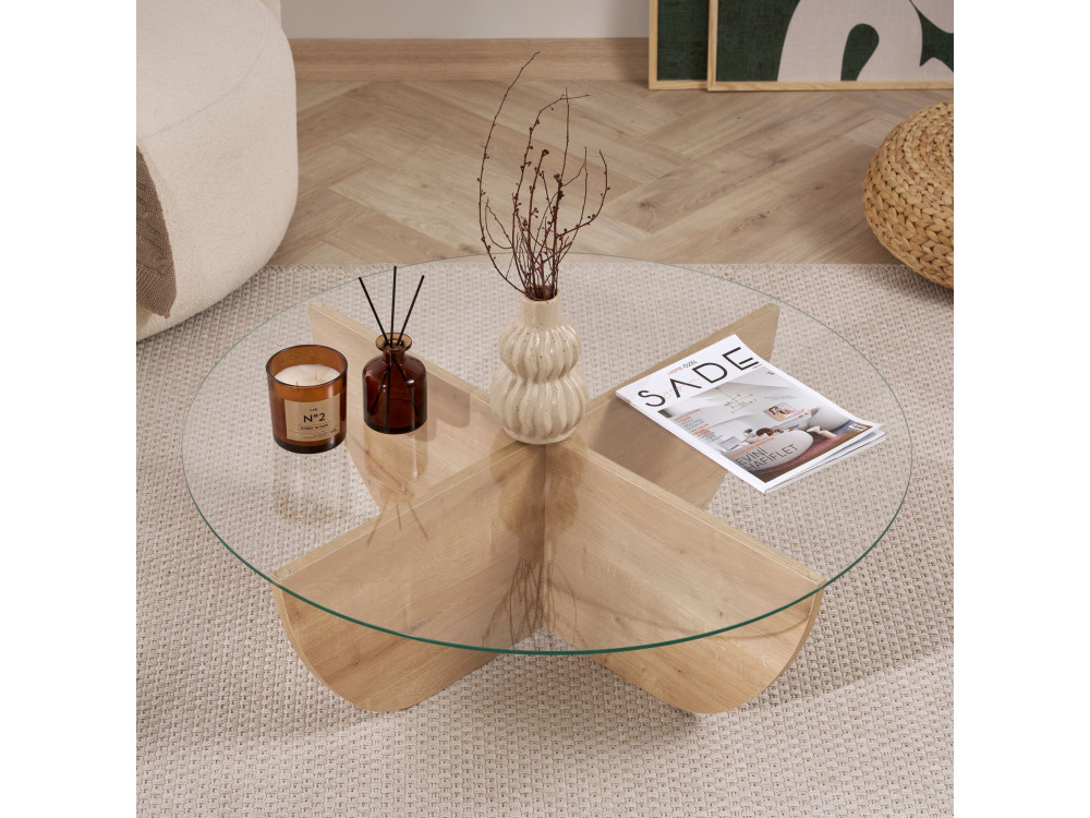 Tavolino in vetro "Liya" 90 x 90 x 30 cm - Rovere zaffiro