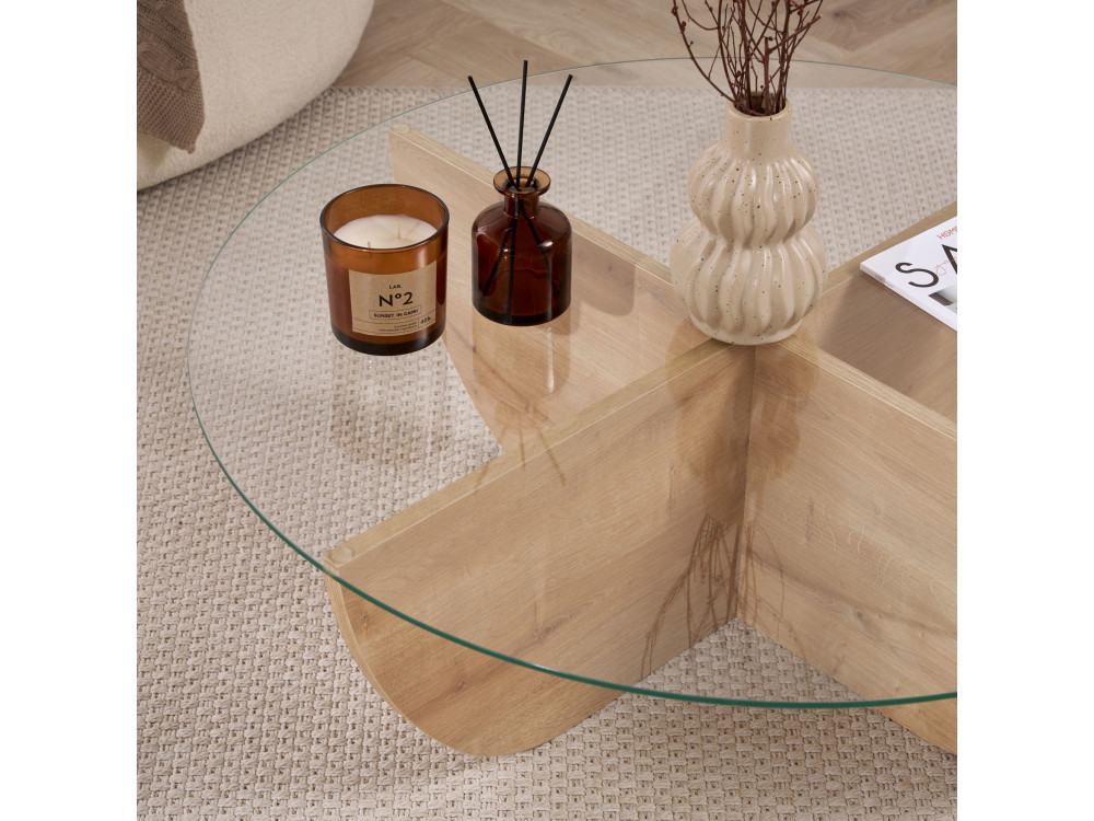Tavolino in vetro "Liya" 90 x 90 x 30 cm - Rovere zaffiro