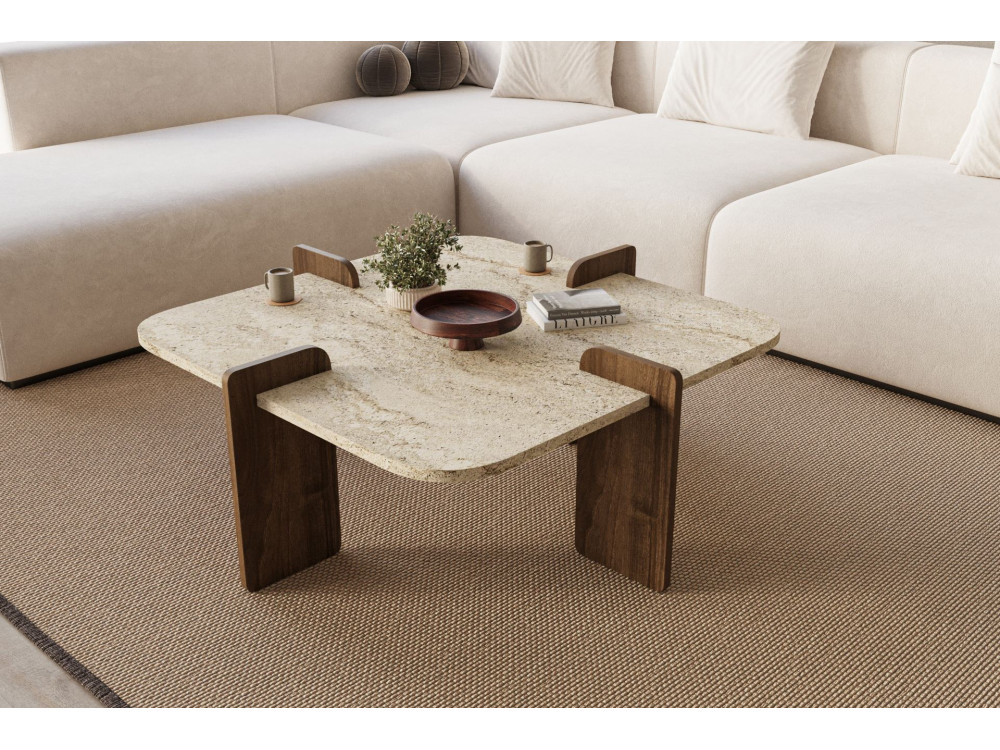 Tavolino in legno "Poalla" - 90 x 90 x 35 cm - Travertino