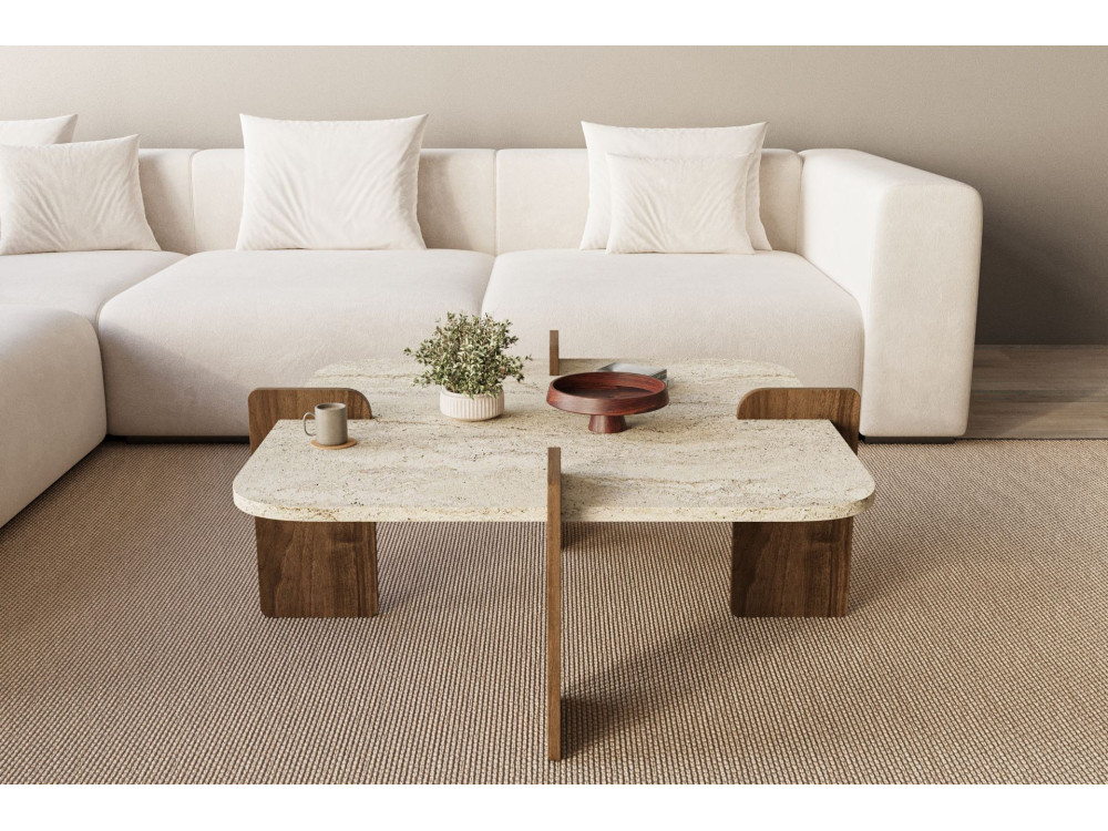 Tavolino in legno "Poalla" - 90 x 90 x 35 cm - Travertino