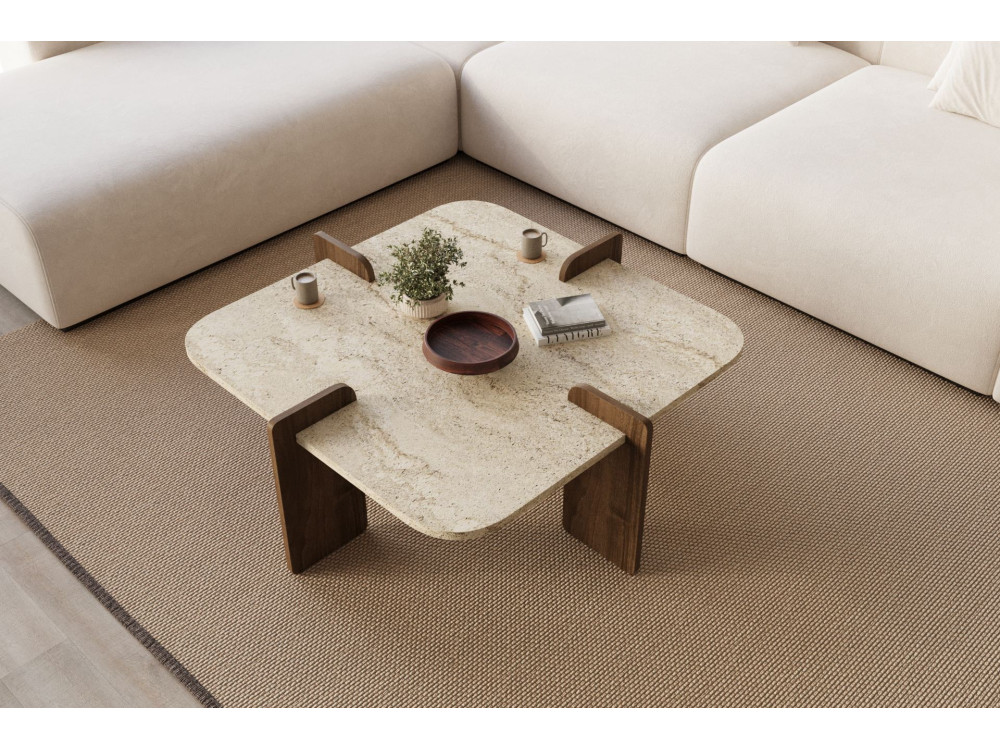 Tavolino in legno "Poalla" - 90 x 90 x 35 cm - Travertino