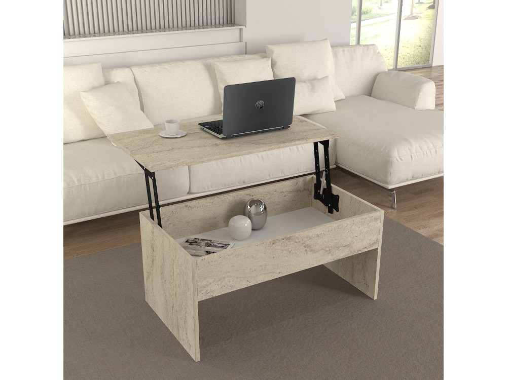 Tavolino "Akilli" con contenitore in legno - 90 x 45 x 52 cm - Travertino