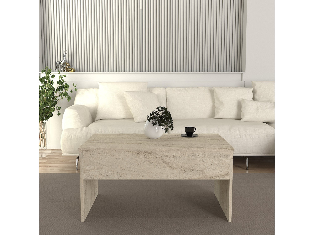 Tavolino "Akilli" con contenitore in legno - 90 x 45 x 52 cm - Travertino