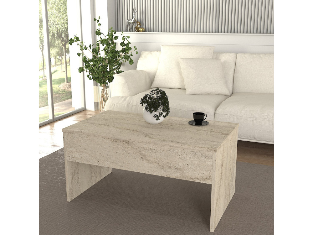 Tavolino "Akilli" con contenitore in legno - 90 x 45 x 52 cm - Travertino