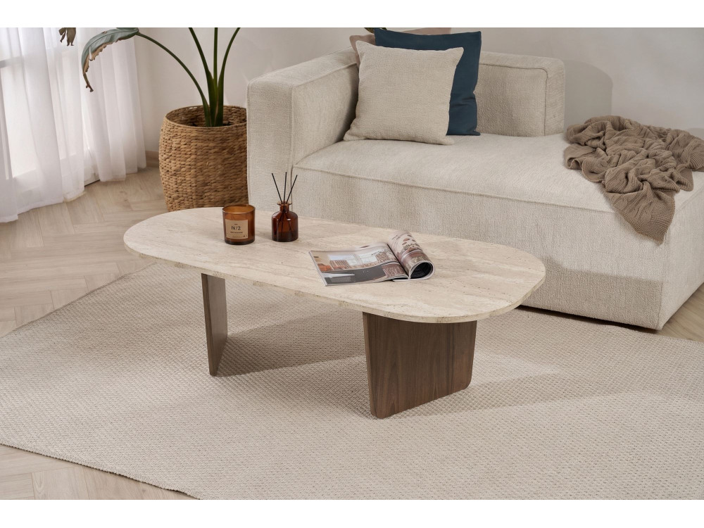 Tavolino in legno "Ovalis" - 130 x 65 x 40 cm - Travertino / Noce