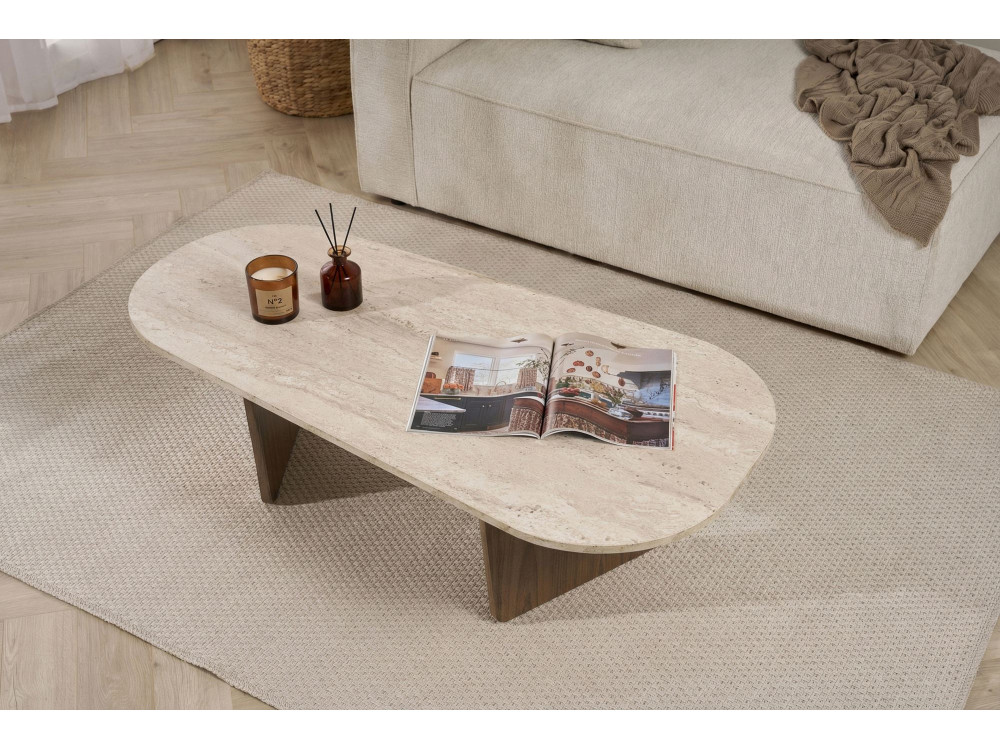 Tavolino in legno "Ovalis" - 130 x 65 x 40 cm - Travertino / Noce