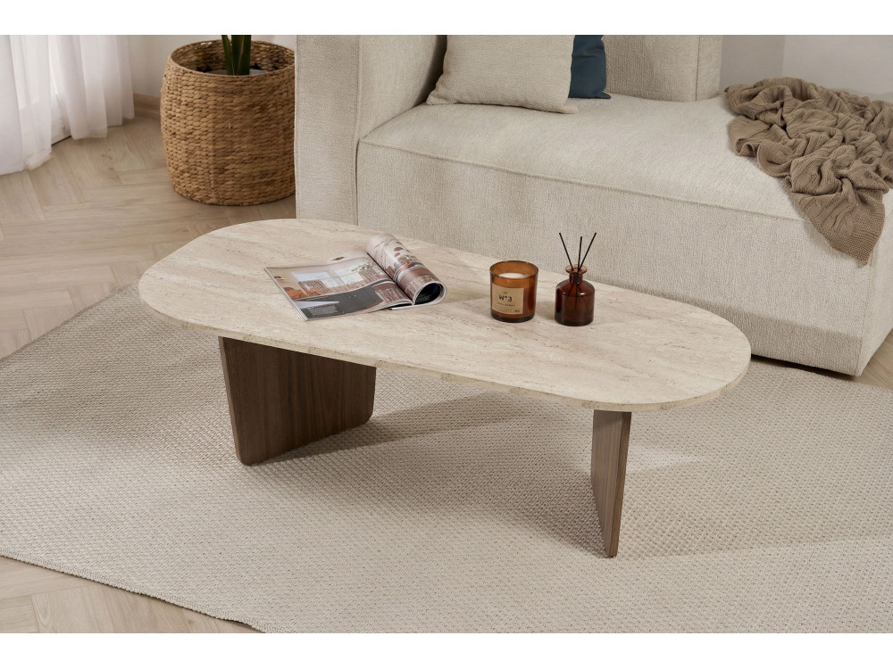 Tavolino in legno "Ovalis" - 130 x 65 x 40 cm - Travertino / Noce