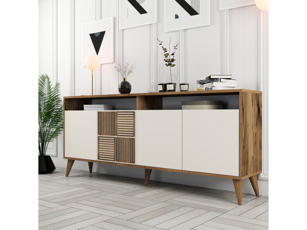 Credenza in legno "Milano" - 180 x 35 x 78 cm - Noce, Crema