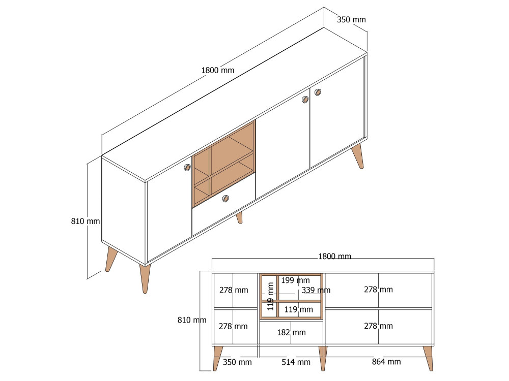 Credenza in legno "Napoli" - 180 x 35 x 81 cm - Crema