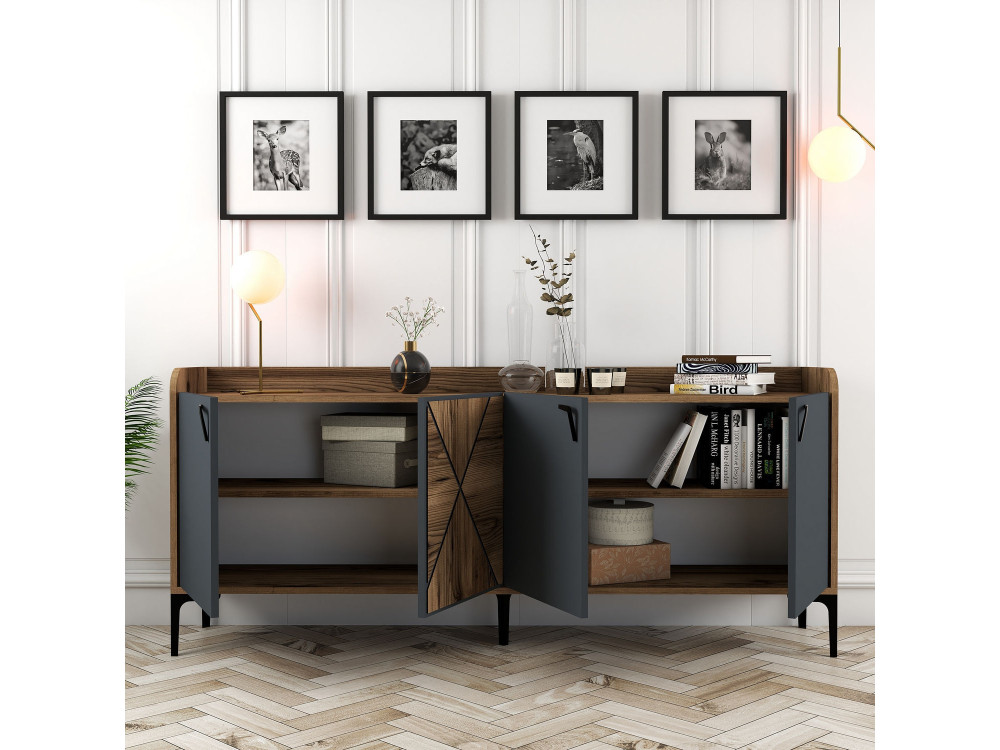 Credenza in legno "Venedik" - 180 x 35 x 78 cm - Grigio antracite