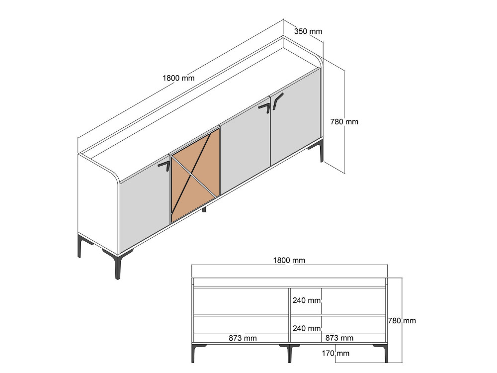 Credenza in legno "Venedik" - 180 x 35 x 78 cm - Grigio antracite