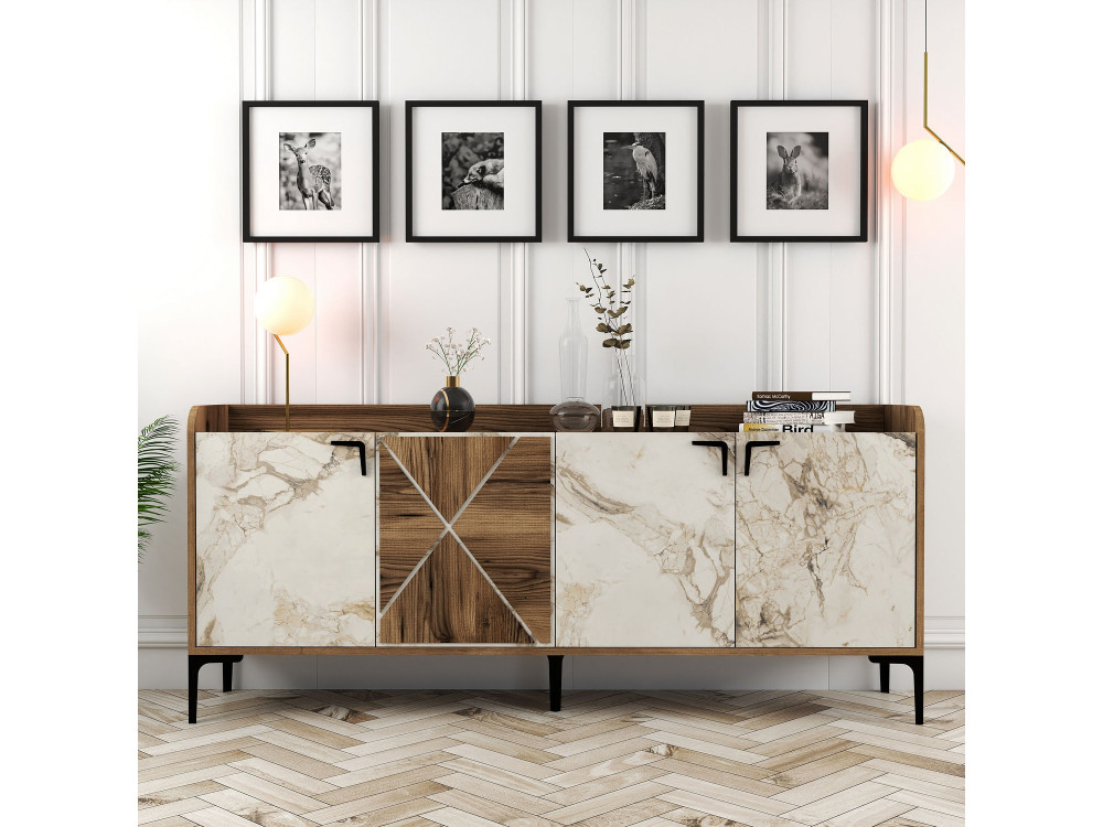 Credenza in legno "Venedik" - 180 x 35 x 78 cm - Bianco marmorizzato