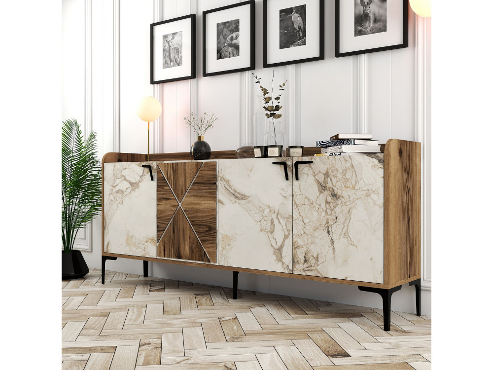 Credenza in legno "Venedik" - 180 x 35 x 78 cm - Bianco marmorizzato