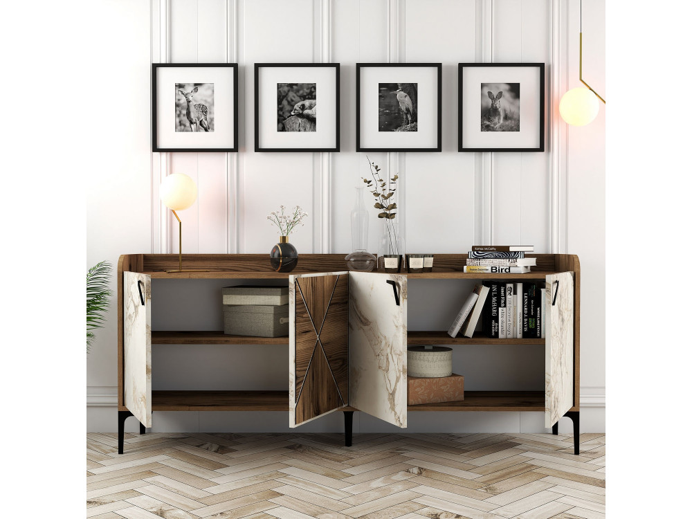 Credenza in legno "Venedik" - 180 x 35 x 78 cm - Bianco marmorizzato