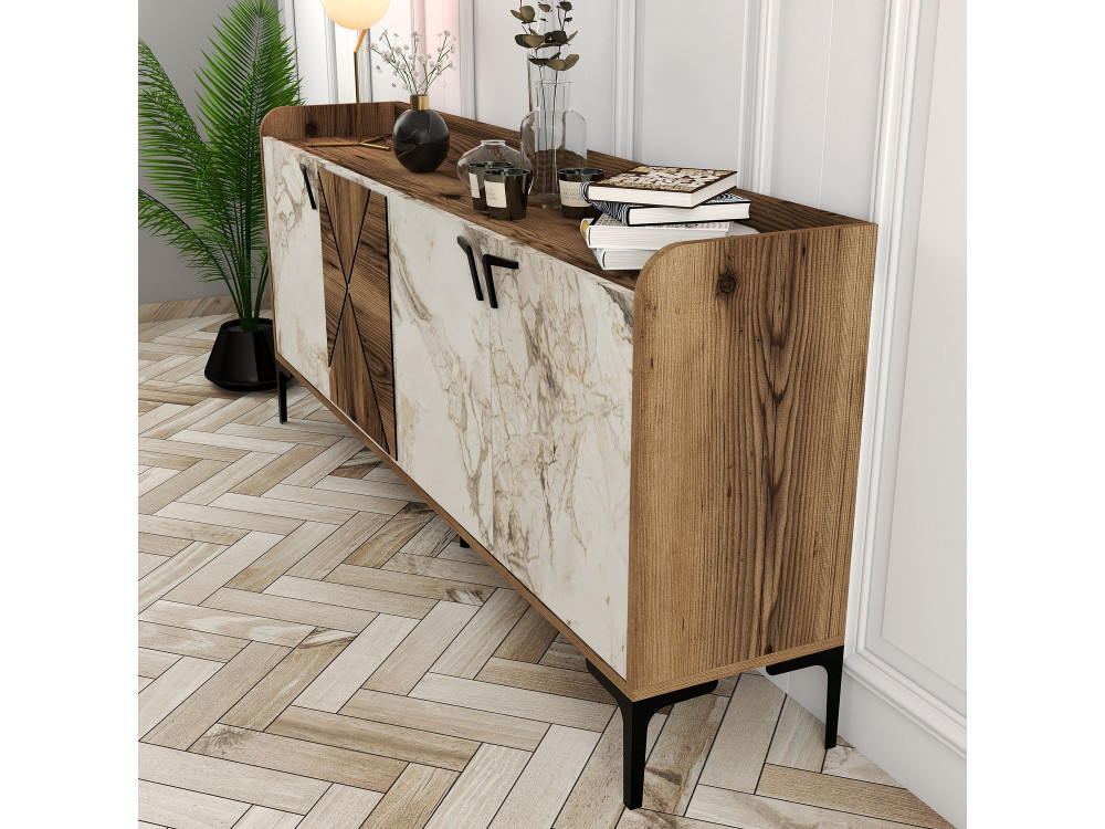 Credenza in legno "Venedik" - 180 x 35 x 78 cm - Bianco marmorizzato