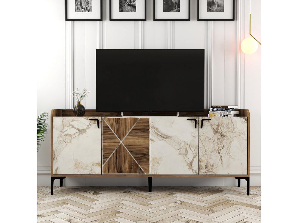 Credenza in legno "Venedik" - 180 x 35 x 78 cm - Bianco marmorizzato