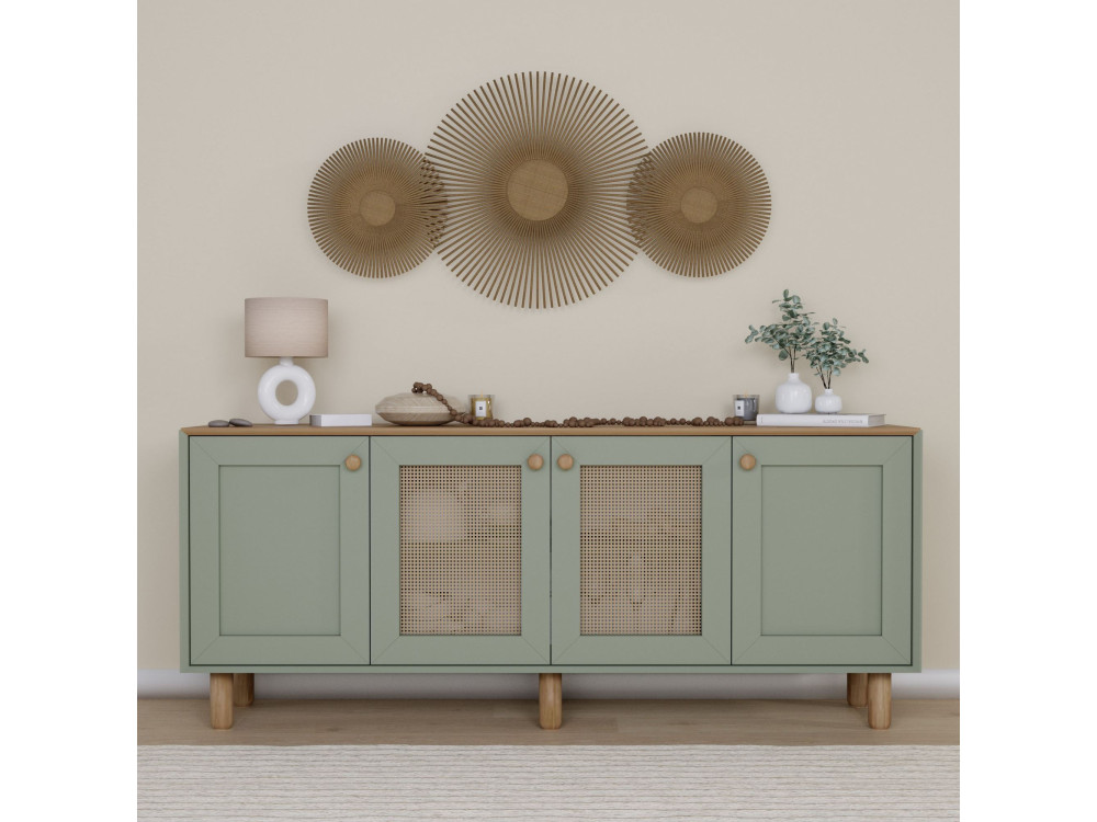 Credenza "Bohemian" in legno e canna - 180 x 40 x 75 cm - Verde
