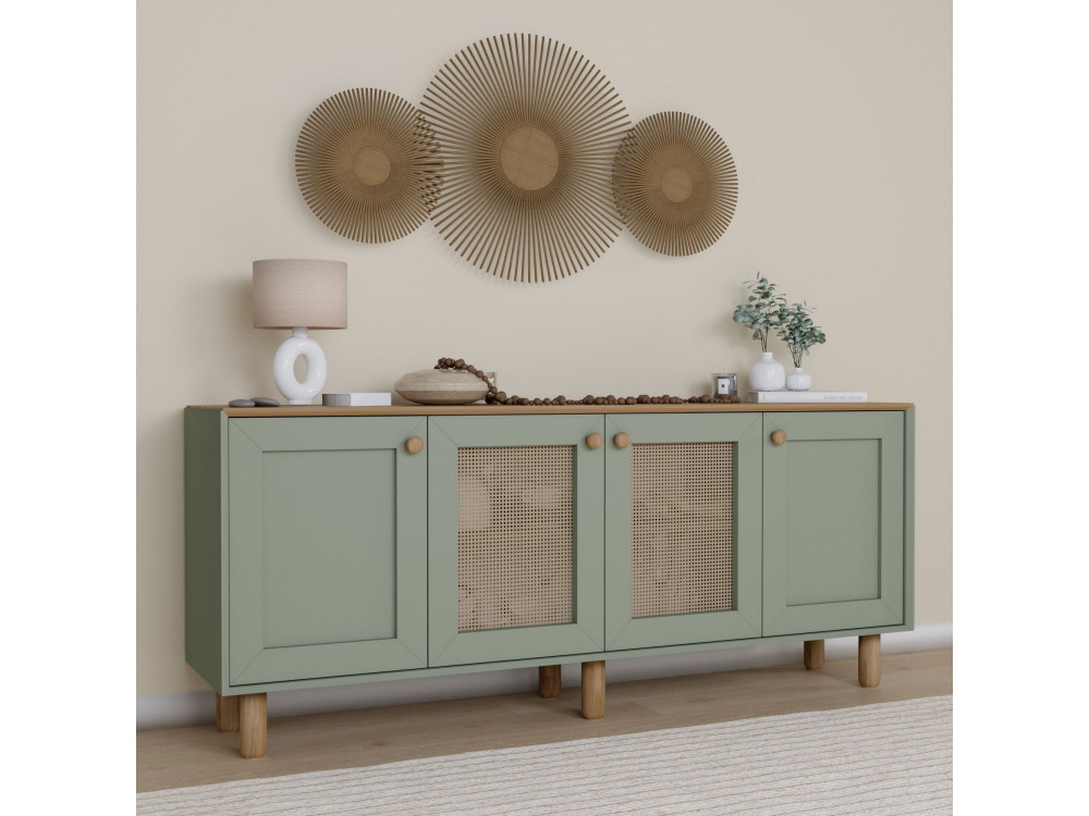 Credenza "Bohemian" in legno e canna - 180 x 40 x 75 cm - Verde