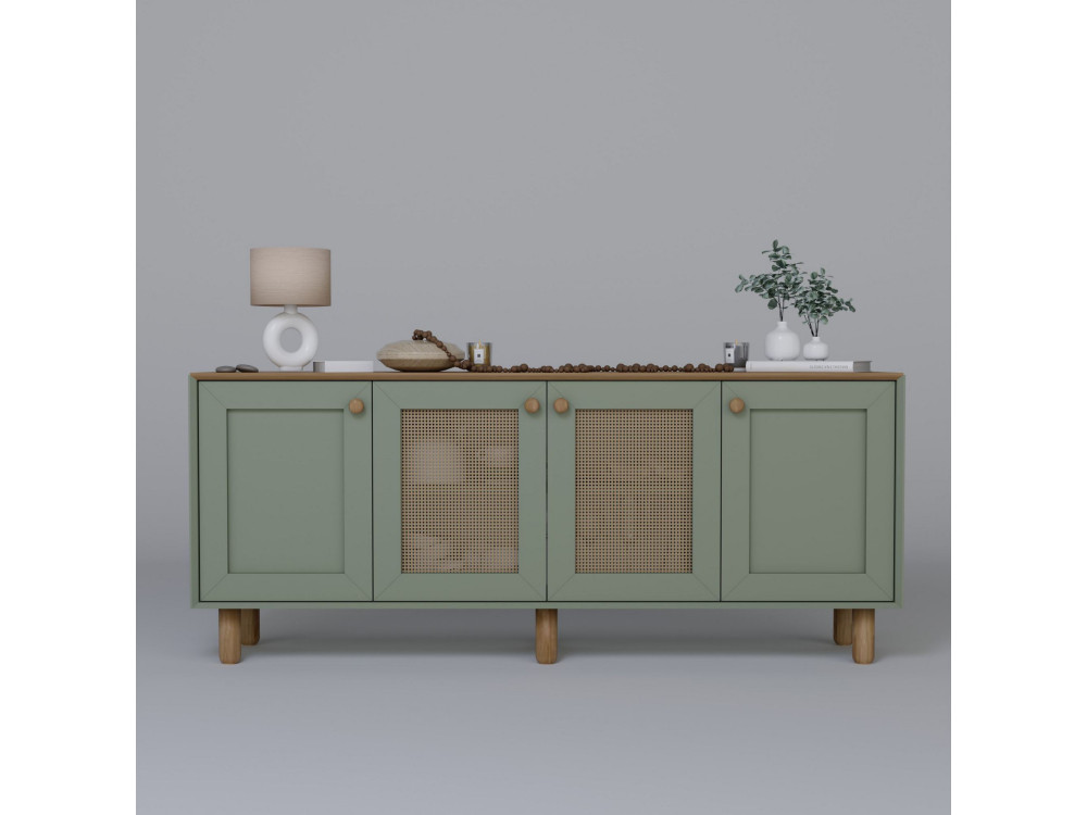 Credenza "Bohemian" in legno e canna - 180 x 40 x 75 cm - Verde