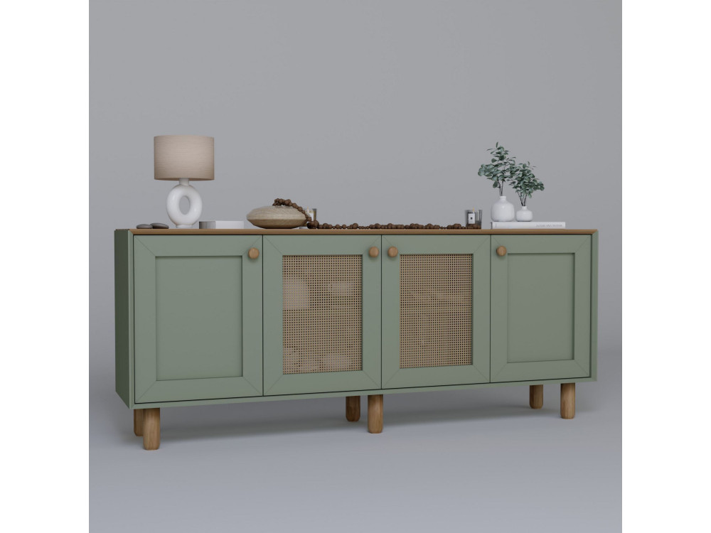 Credenza "Bohemian" in legno e canna - 180 x 40 x 75 cm - Verde