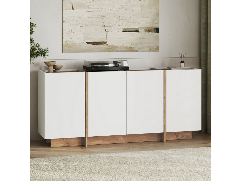 Credenza in legno "Dorma" - 180 x 45 x 80 cm - Bianco / Pino Atlantico
