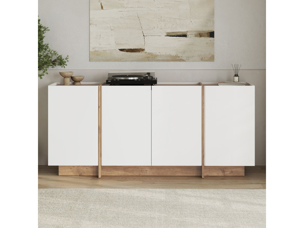 Credenza in legno "Dorma" - 180 x 45 x 80 cm - Bianco / Pino Atlantico