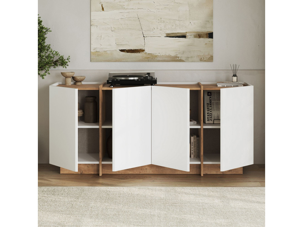 Credenza in legno "Dorma" - 180 x 45 x 80 cm - Bianco / Pino Atlantico
