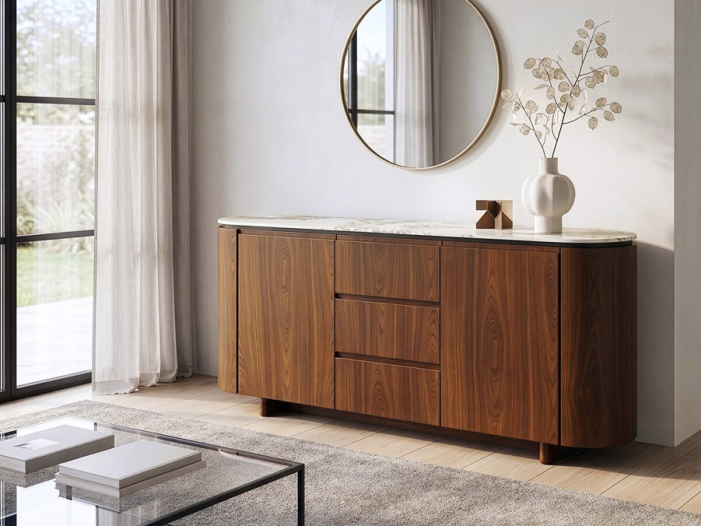 Credenza "Stonea" in legno con piano in ceramica - 180 x 40 x 85 cm - Marrone