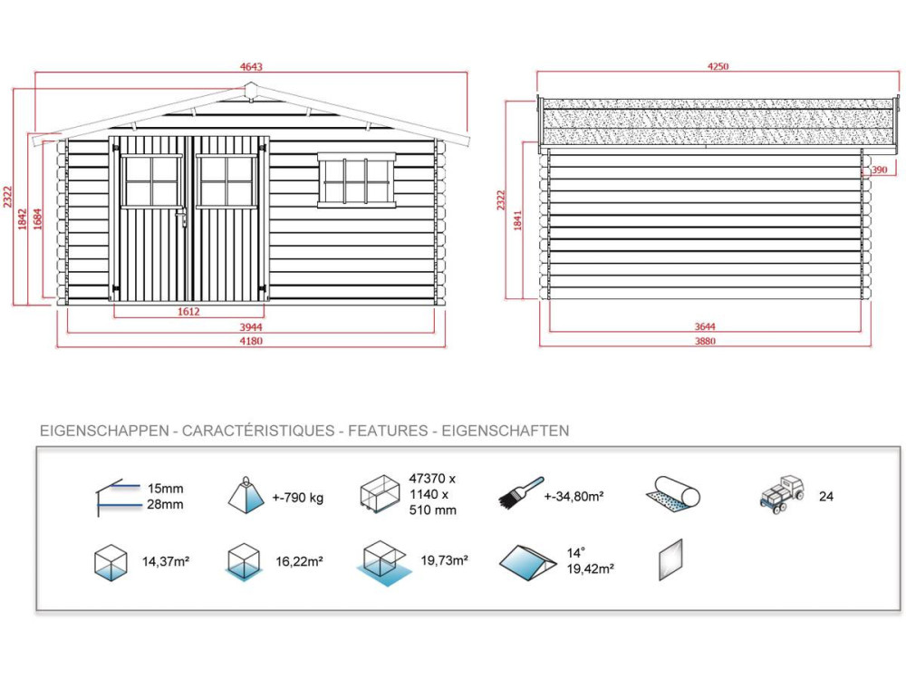 Casetta da giardino in legno - 19,72 m² - 4.64 x 4.25 x 2,32 m - 28 mm