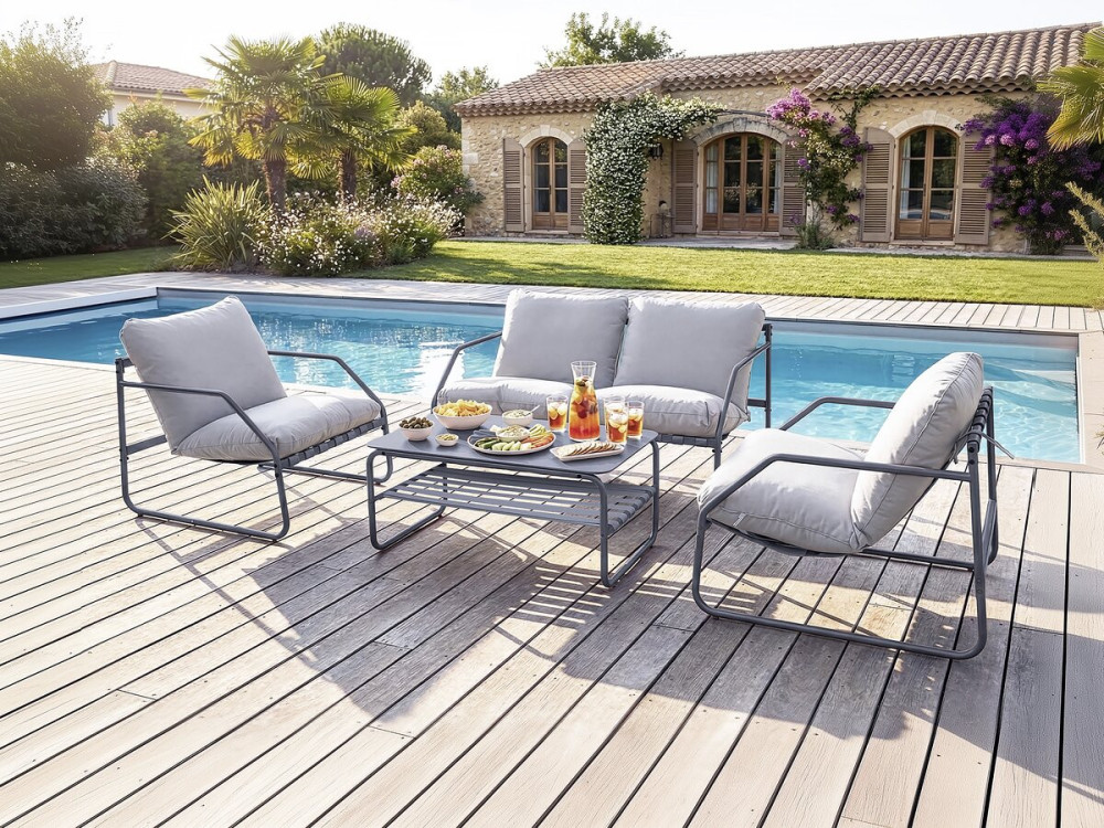Set di mobili da giardino in metallo "Sora" con cuscini - 4 posti - Grigio