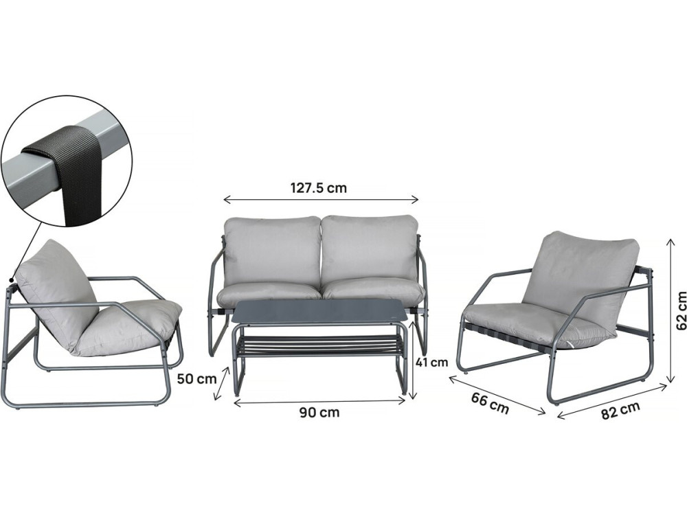 Set di mobili da giardino in metallo "Sora" con cuscini - 4 posti - Grigio