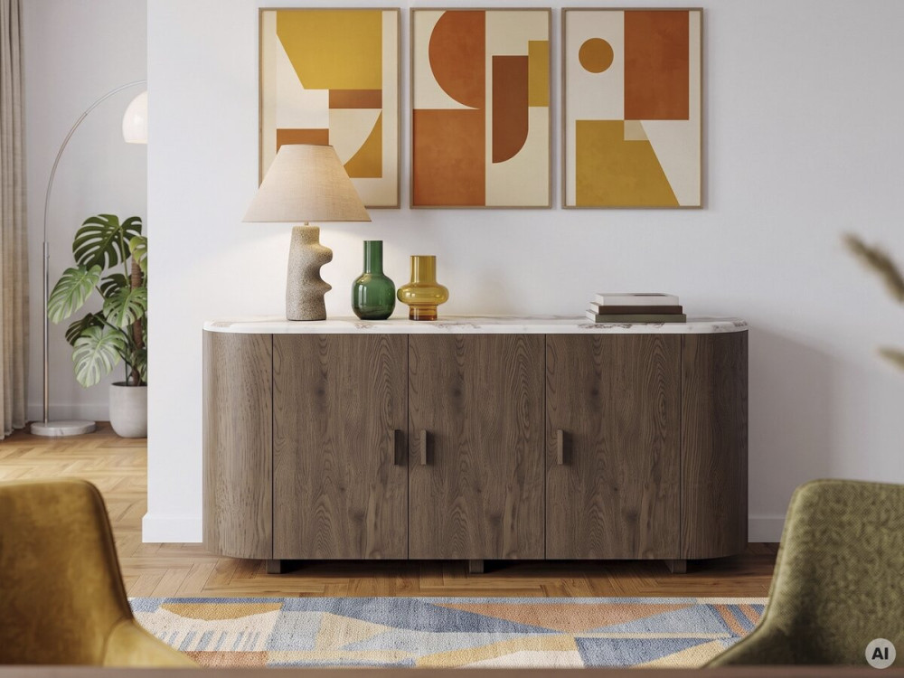 Credenza in legno con ripiano in ceramica "Azya" - 160 x 45 x 75 cm - Marrone