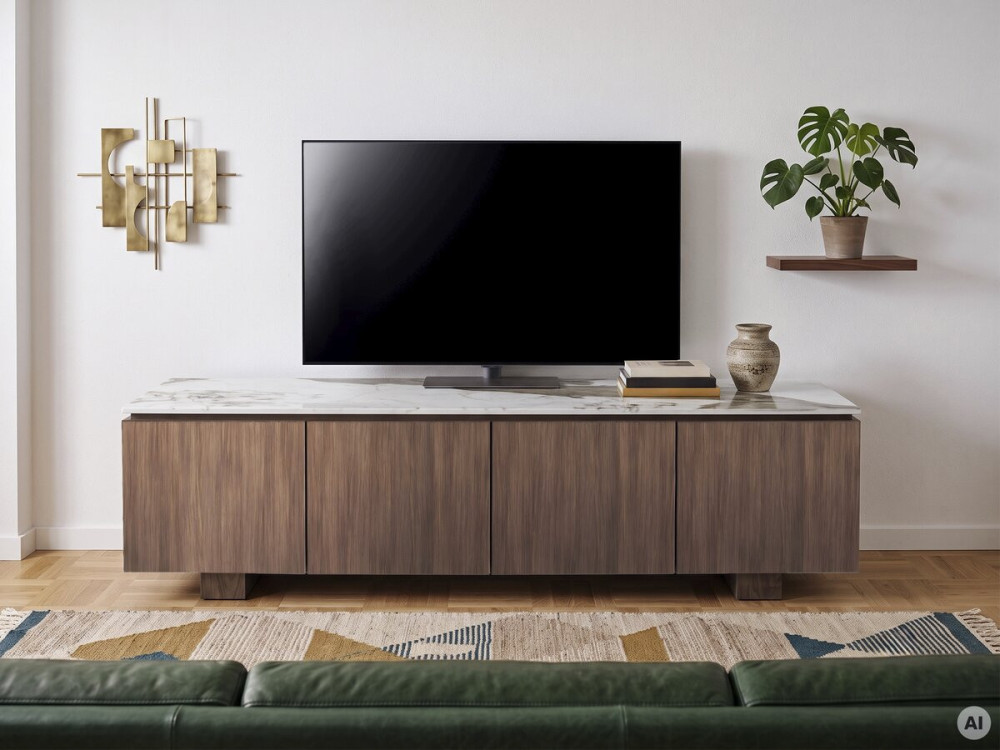 Mobile TV in legno con ripiano in ceramica "Elma" - 160 x 45 x 45 cm - Marrone