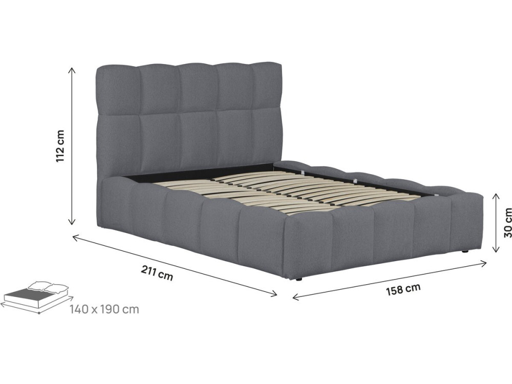 Letto matrimoniale in tessuto con contenitore "Davos" - 140 x 190 cm - Grigio
