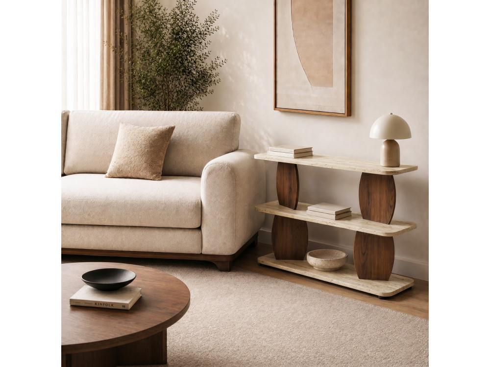 Tavolino in legno "Armonia" - 90 x 30 x 70 cm - Travertino / Noce